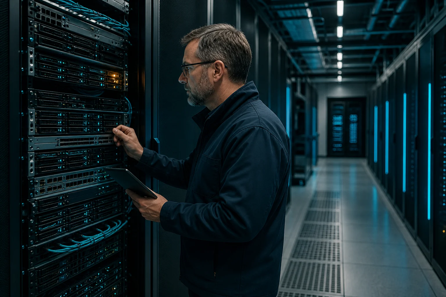 Infrastructure engineer inspecting a mature enterprise server rack in a modern UK data centre