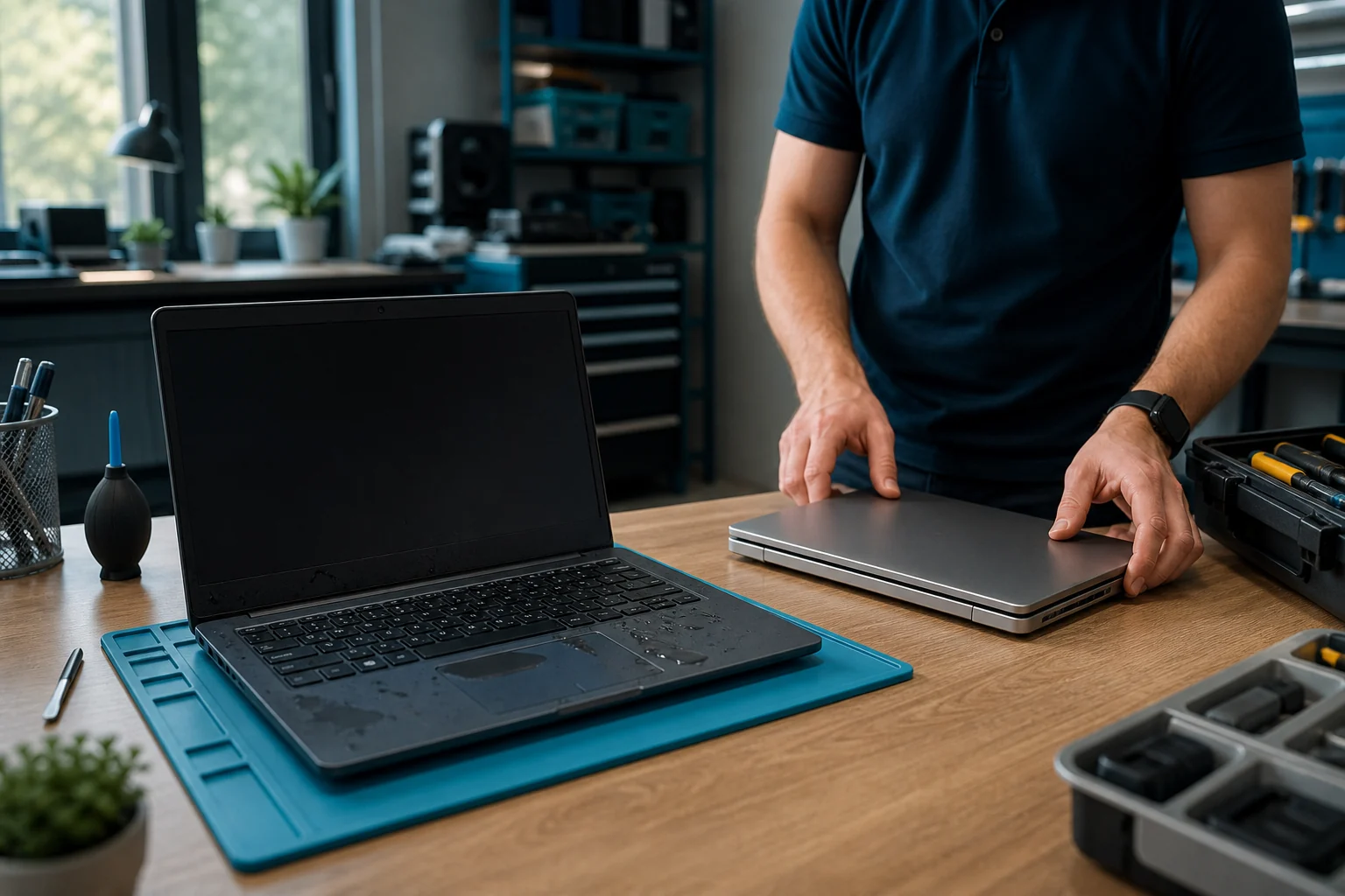 Technician preparing a replacement business laptop beside a liquid-damaged device at a UK support workshop