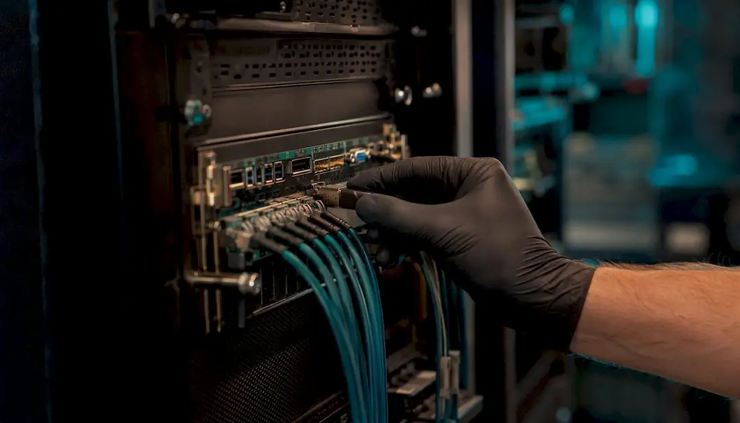 Technician securely connecting management cabling to enterprise infrastructure